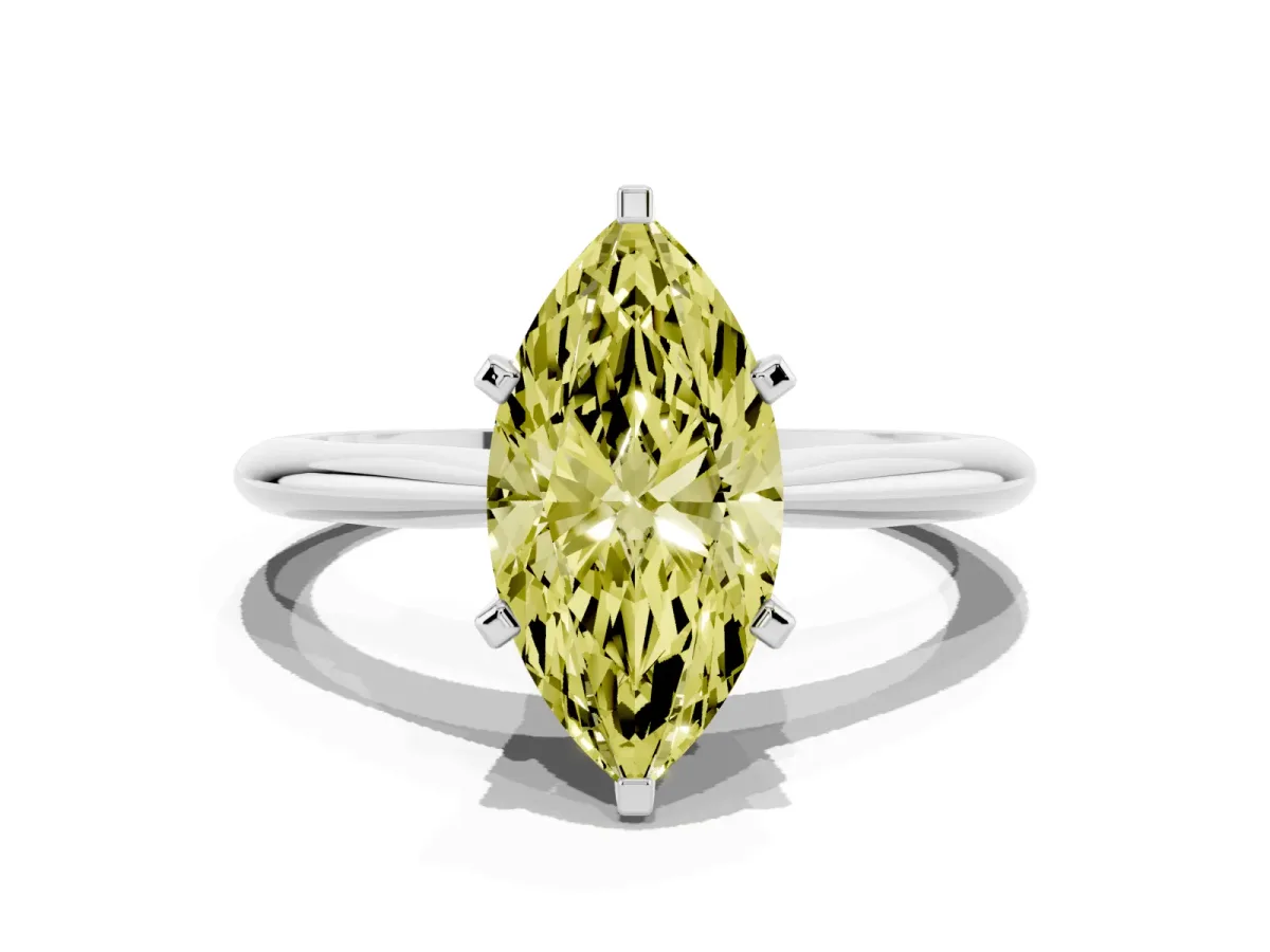 Fancy Yellow Marquise Cut Cut Solitaire Ring with Four-Prong Setting on a Classic Band Platinum