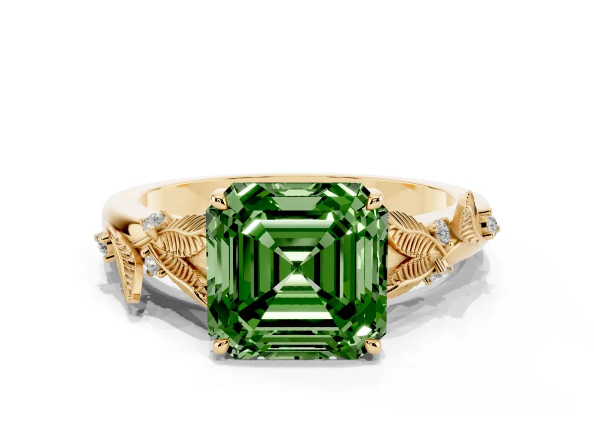 Fancy Green Asscher Cut Diamond Solitaire Ring with Leaf Motif Band and Four-Prong Setting Yellow gold