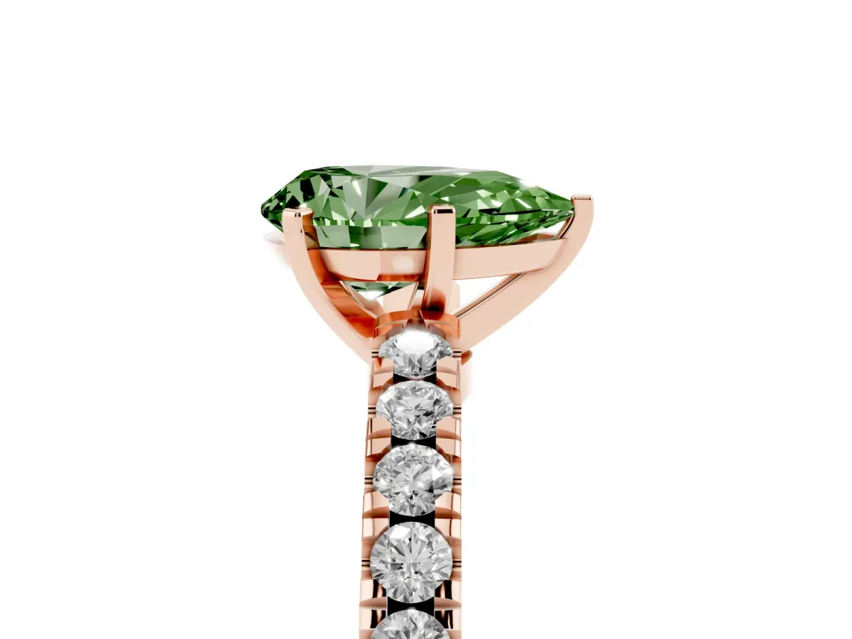 Fancy Green Pear Cut Solitaire Diamond with Pavé Band and Four-Prong Setting Rose gold