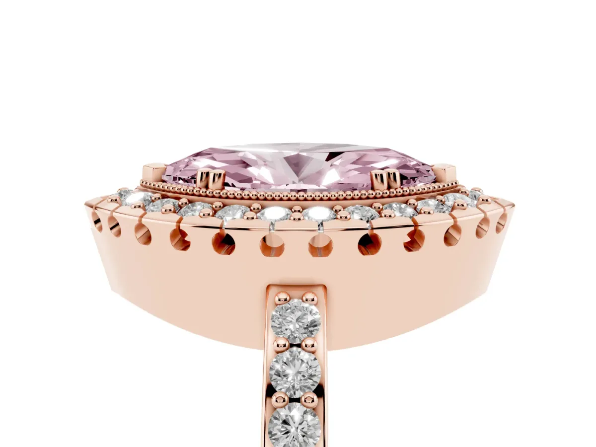 Fancy Pink Marquise Cut Diamond Halo Ring with Pavé Band and Prong Setting Rose gold