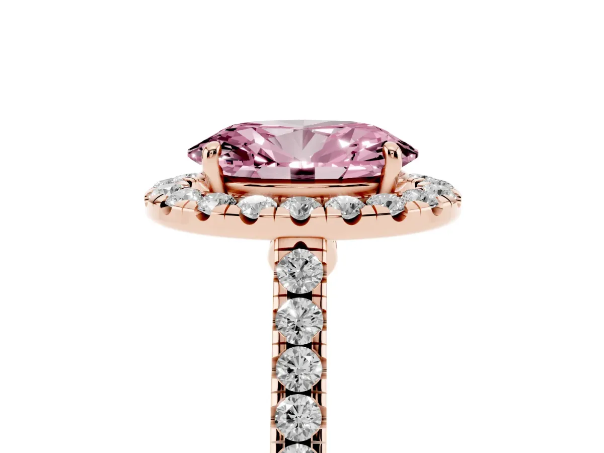Fancy Pink Oval Cut Halo Pave Diamond Engagement Ring with Four-Prong Setting Rose gold