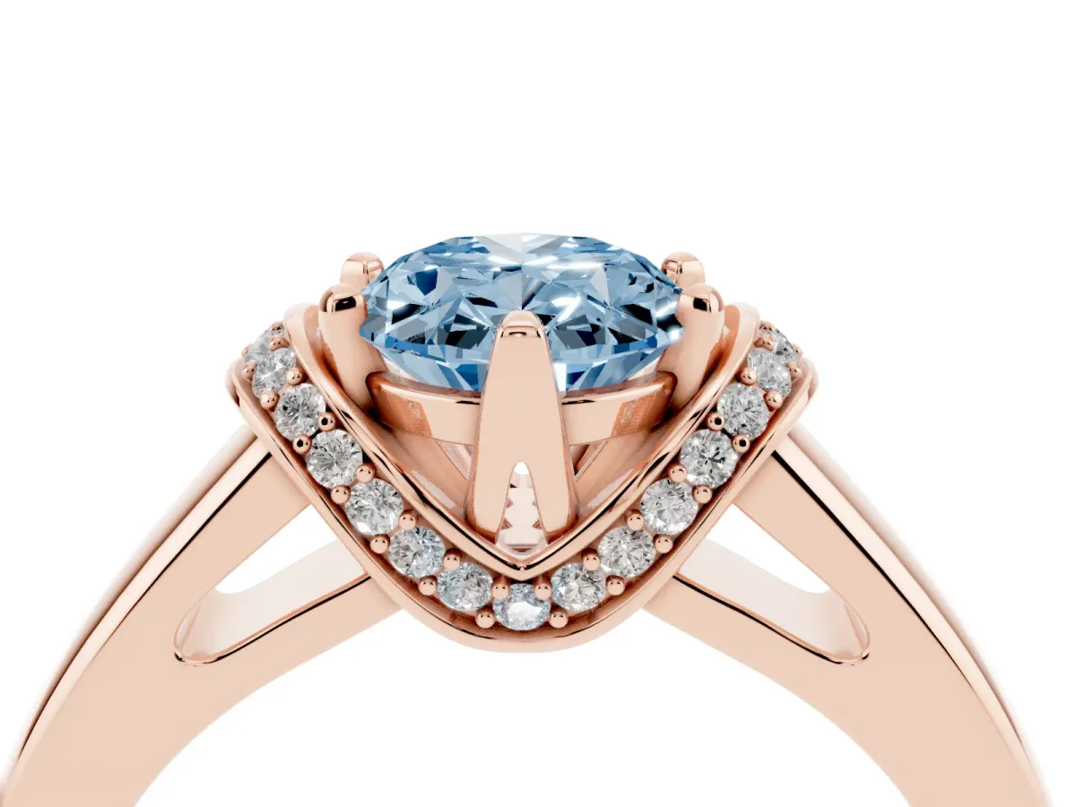 Fancy Blue Oval Cut Solitaire Diamond Ring with Pave Band and Six-Prong Setting Rose gold
