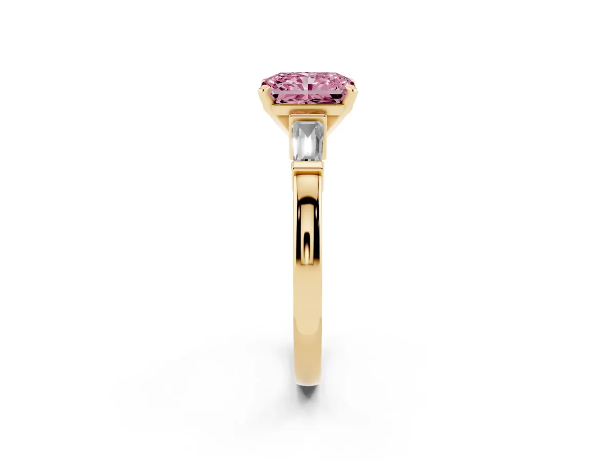 Fancy Pink Radiant Cut Cut Diamond Solitaire Ring with Tapered Baguette Accents and Four-Prong Setting Yellow gold