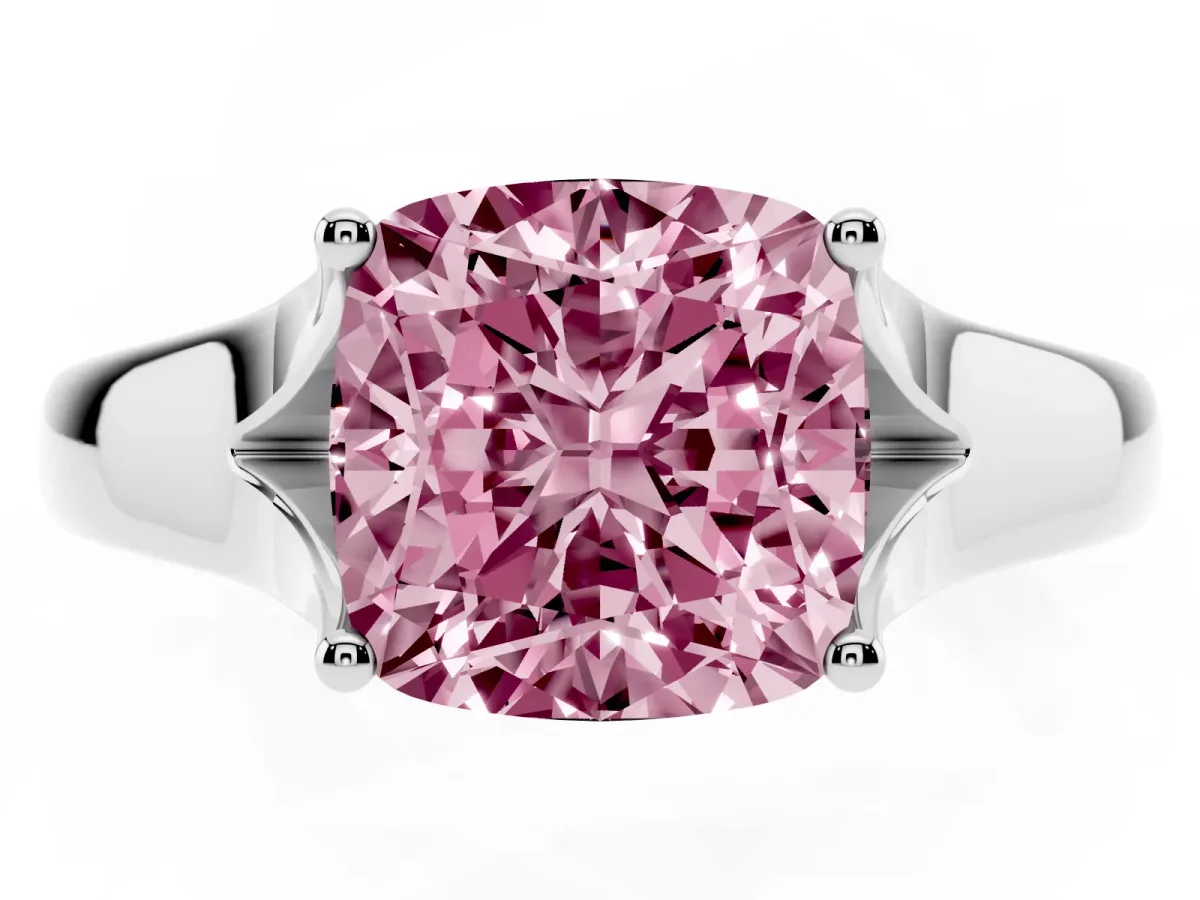 Fancy Pink Cushion Cut Solitaire Diamond Ring with Cathedral Band and Four-Prong Setting Silver