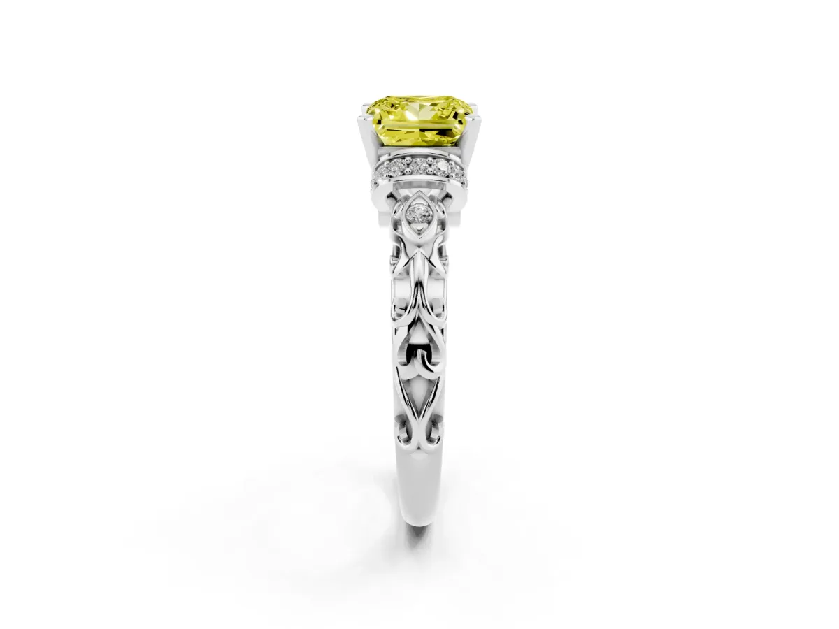 Fancy Yellow Princess Cut Diamond Solitaire Ring with Filigree Band and Four-Prong Setting Silver