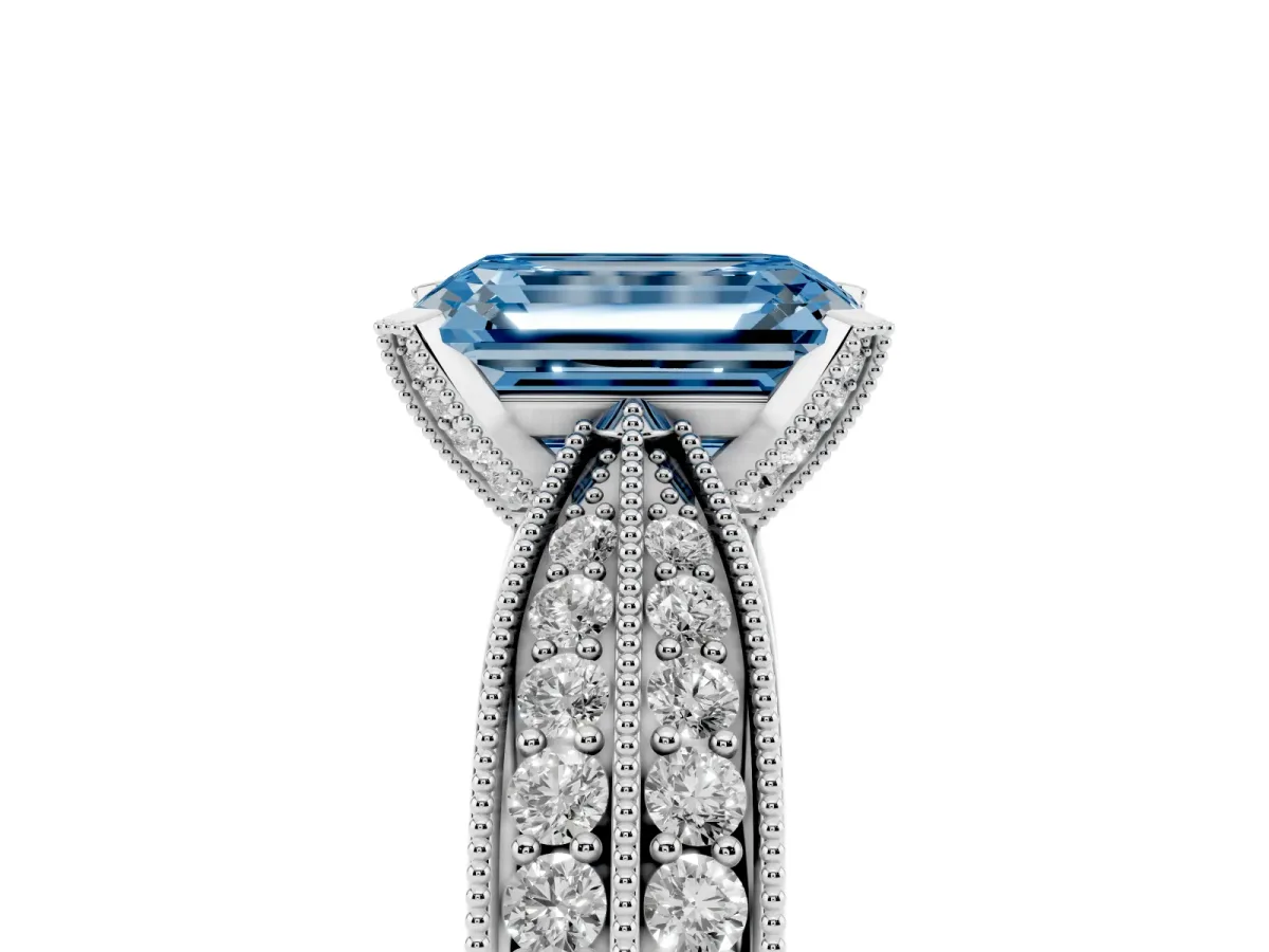 Fancy Blue Emerald Cut Diamond Solitaire Ring with Milgrain Round Pavé Band and Prong Setting Silver