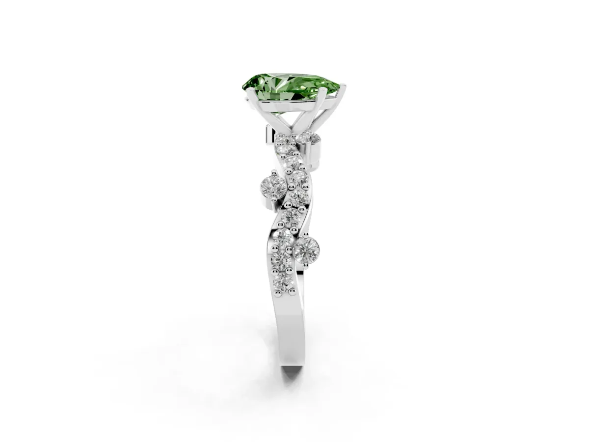 Fancy Green Pear Cut Cut Solitaire Diamond Twisted Band with Pave Setting White gold
