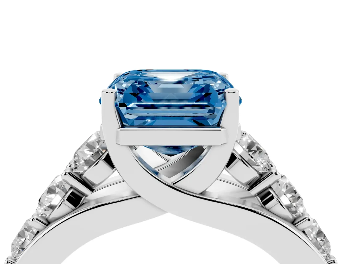 Fancy Blue Asscher Cut Diamond Engagement Ring with Pavé Band and Four-Prong Setting Silver