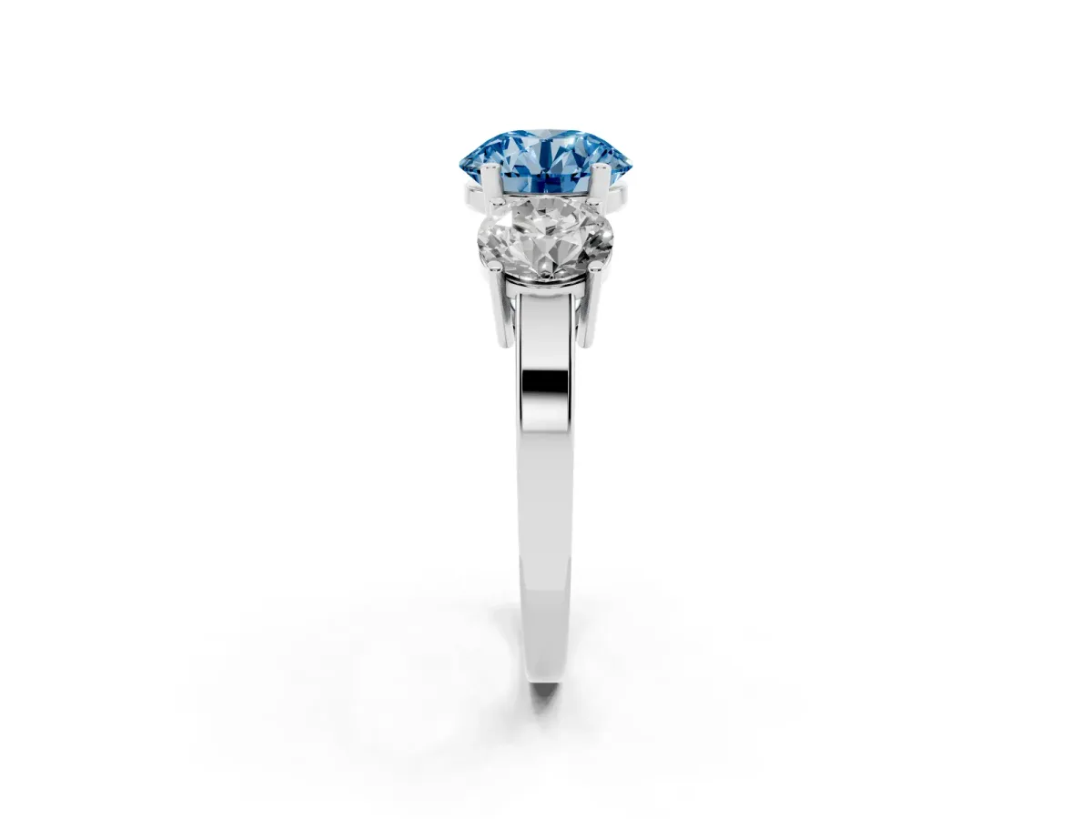 Fancy Blue Three-Stone Round Cut Cut Diamond Engagement Ring with Flat Band and Four-Prong Setting Silver