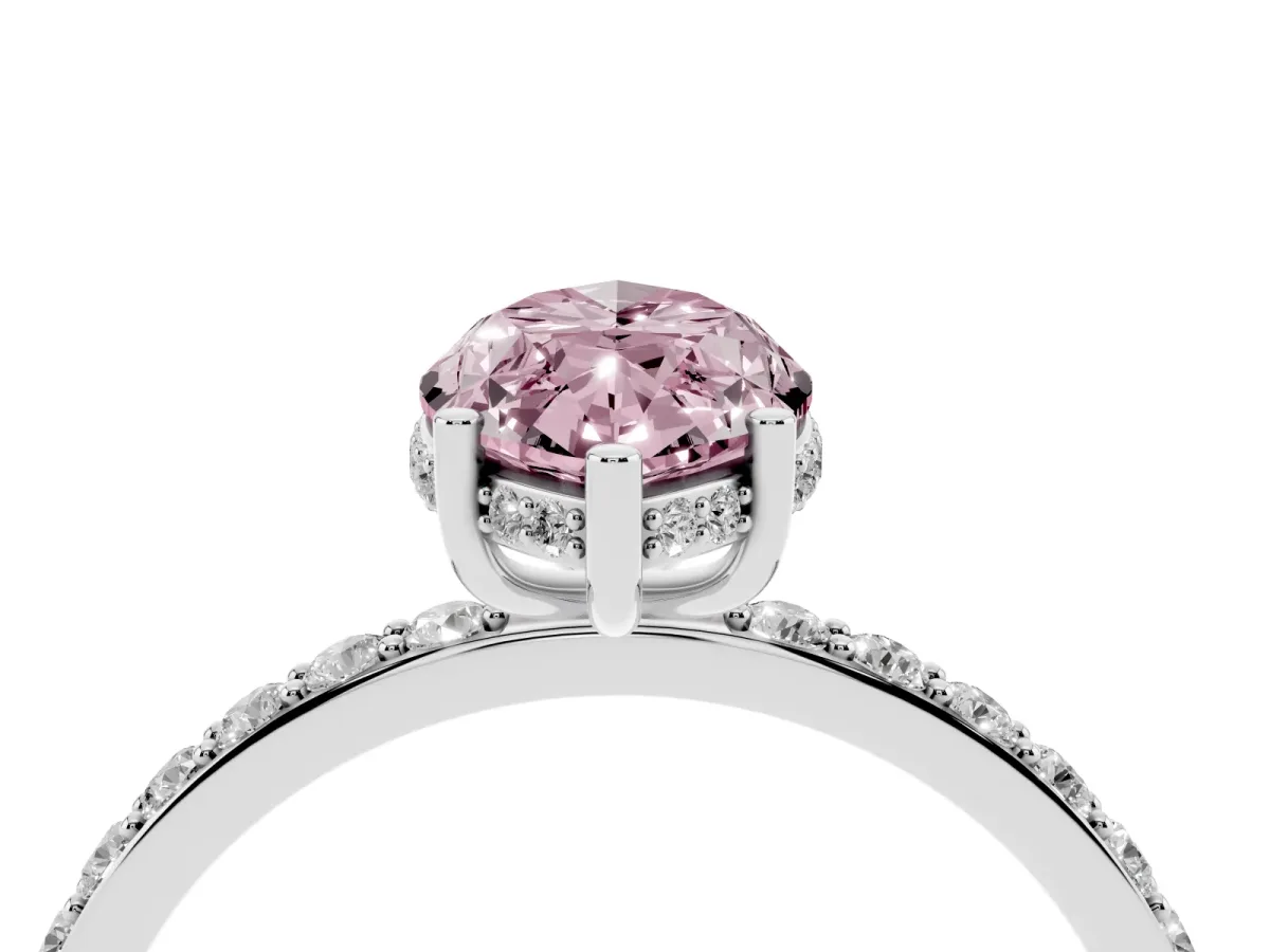 Fancy Pink Marquise Cut Diamond Solitaire Ring with Pavé Band and Hidden Halo Platinum