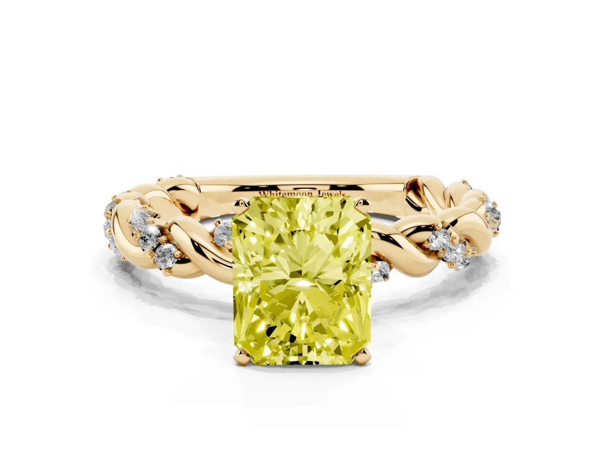 Fancy Yellow Radiant Cut Diamond Solitaire Ring with Twisted Band and Pavé Accents Yellow gold