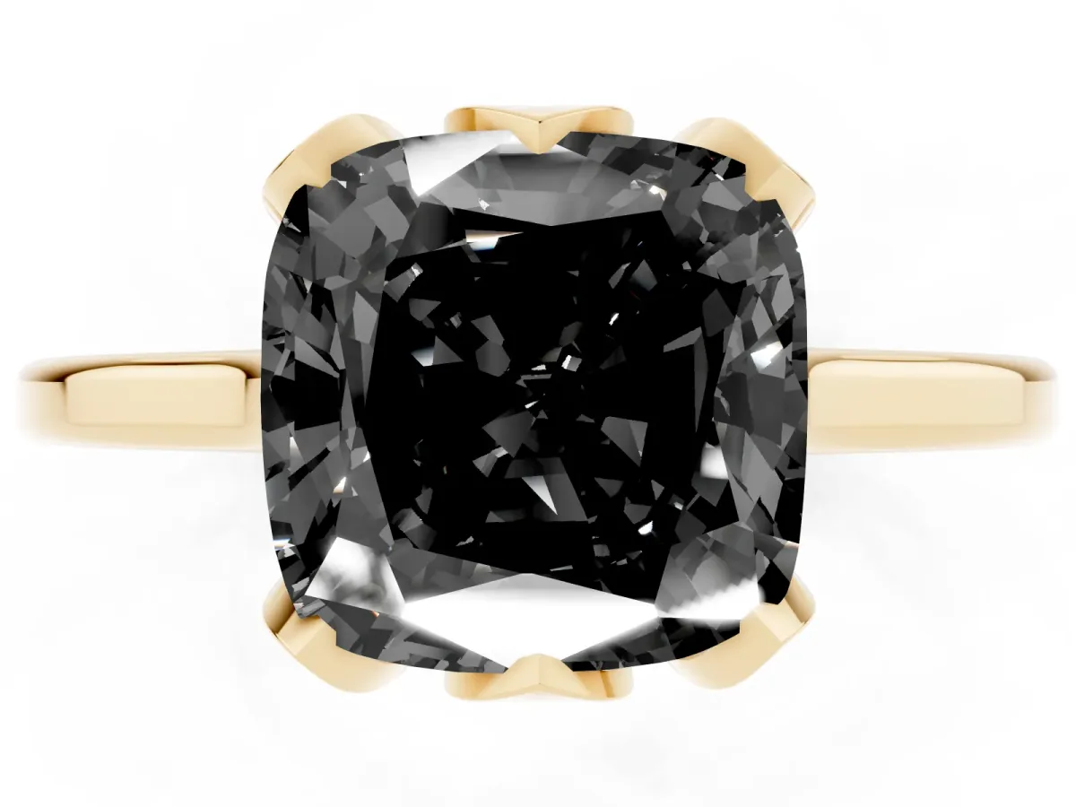Fancy Black Cushion Cut Diamond Solitaire Ring with Flower Prong Setting and Classic Band Yellow gold