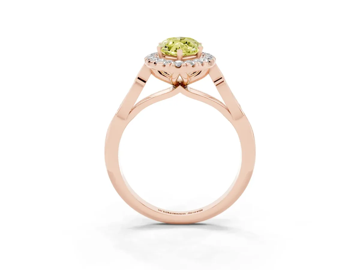 Fancy Yellow Marquise Cut Halo Diamond Engagement Ring with Filigree Band and Four-Prong Setting Rose gold