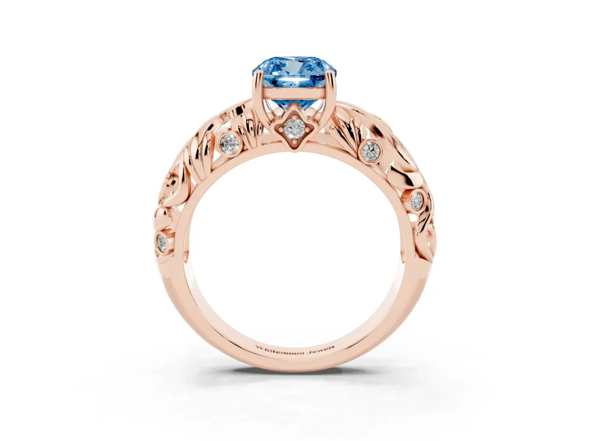 Fancy Blue Cushion Cut Solitaire Diamond Leaf-Inspired Vine Band Ring with Prong Setting Rose gold