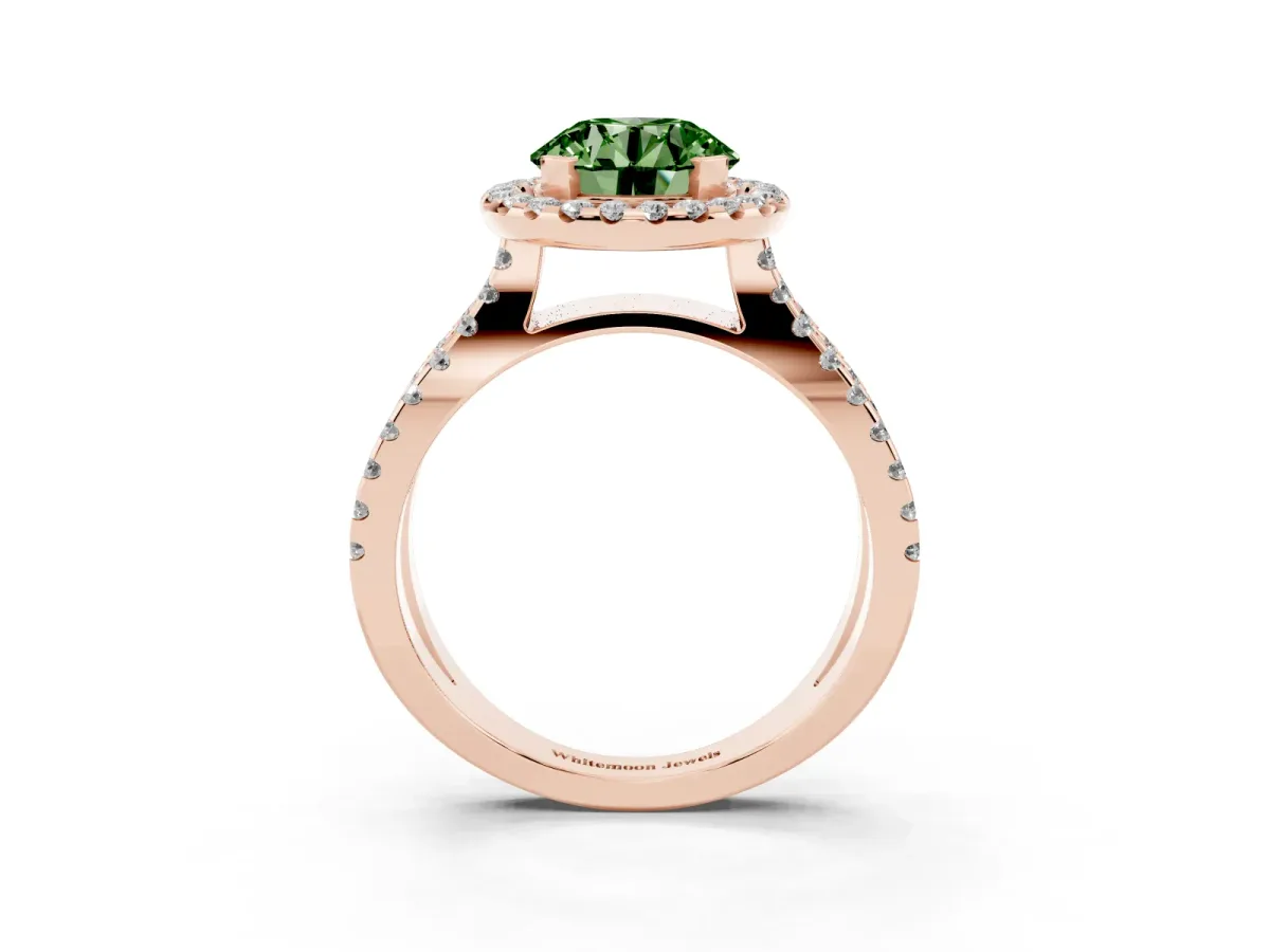 Fancy Green Round Cut Diamond Halo Ring with Split Shank Pavé Band and Prong Setting Rose gold
