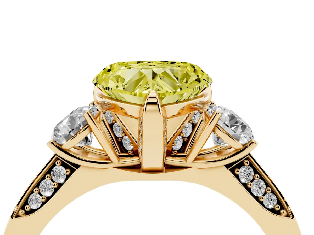 Fancy Yellow Heart Cut Brilliant Three-Stone Diamond Ring with Pavé Band and Four-Prong Setting Yellow gold
