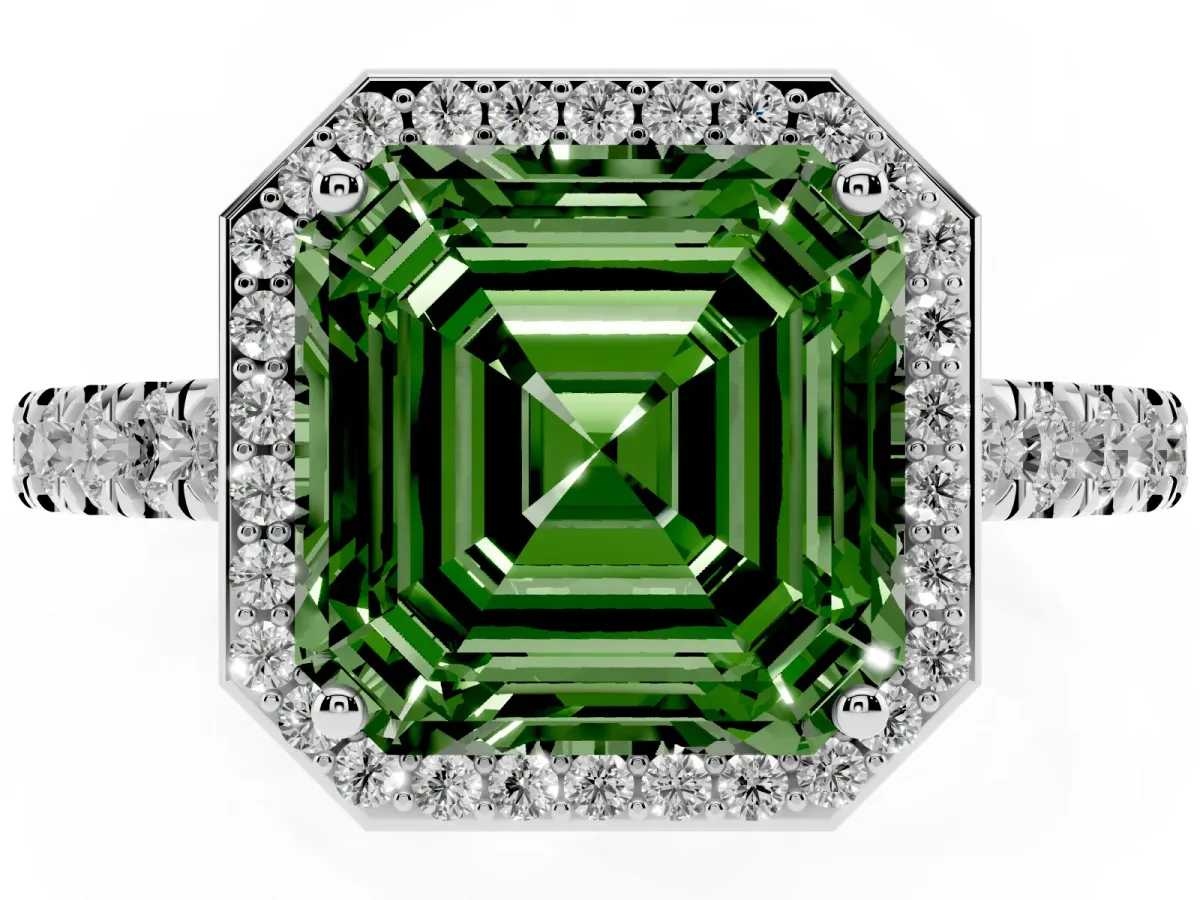 Fancy Green Asscher Cut Cut Halo Diamond Engagement Ring with Pave Band and Four-Prong Setting White gold
