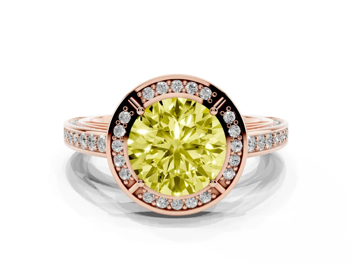 Fancy Yellow Round Cut Cut Halo Pave Split Shank Prong Setting Ring Rose gold