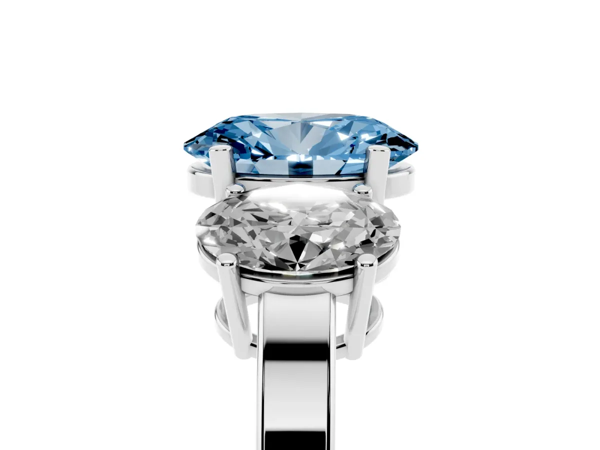 Fancy Blue Three-Stone Oval Cut Cut Diamond Engagement Ring with Flat Band and Four-Prong Setting Silver