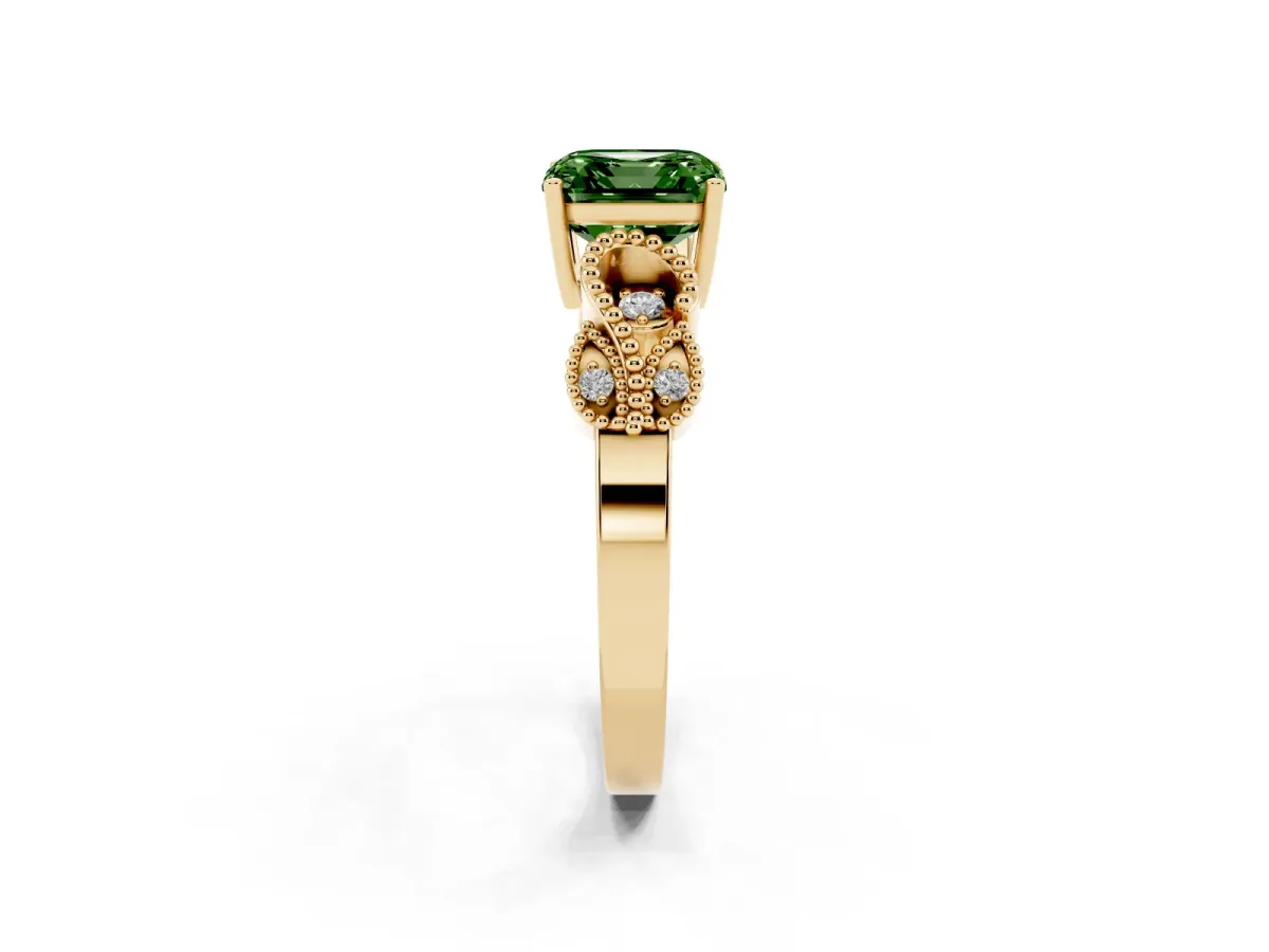 Fancy Green Asscher Cut Solitaire Milgrain Leaf Band with Prong Setting Yellow gold