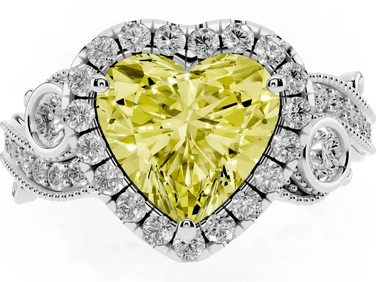 Fancy Yellow Heart Cut Diamond Halo Ring with Milgrain Pavé Band and Four-Prong Setting Platinum