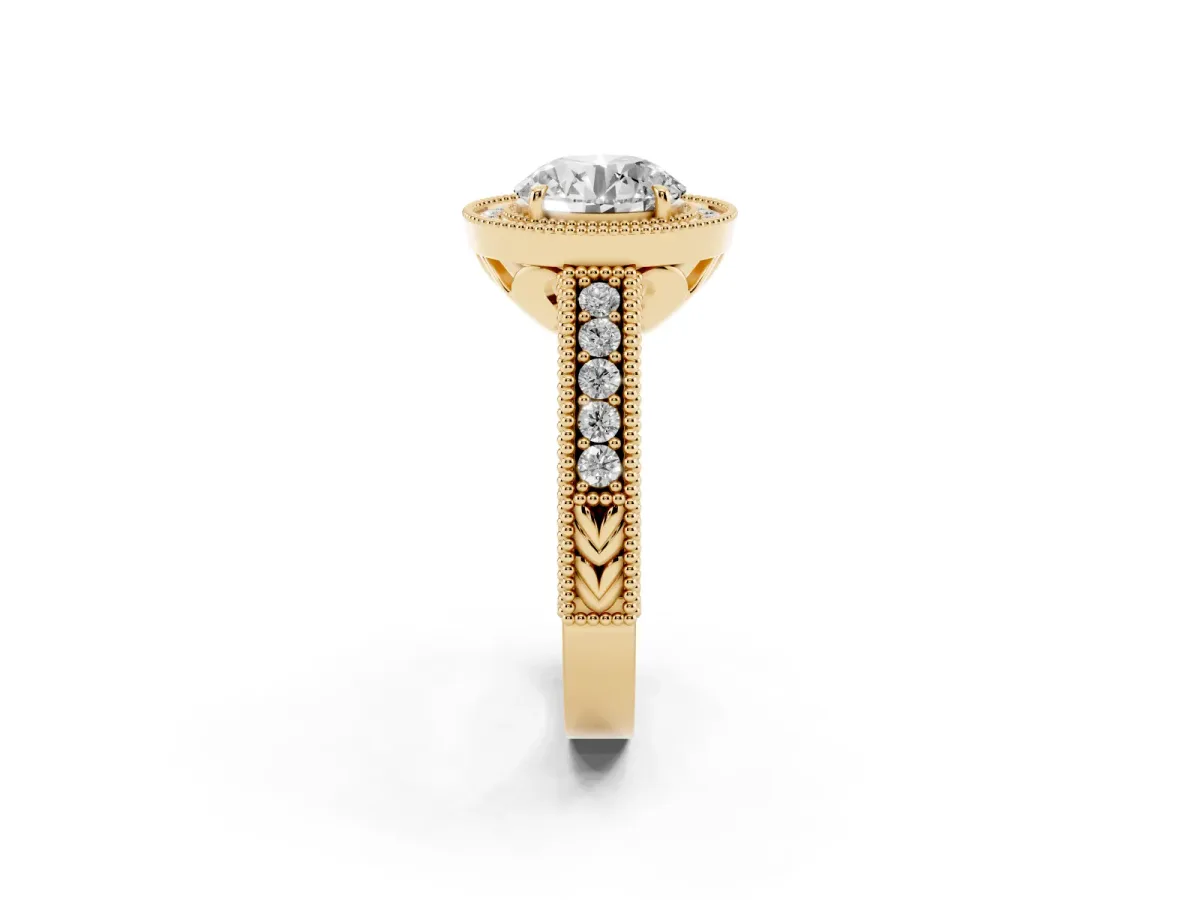 Round Cut Cut Halo Diamond Ring with Pavé Band and Four-Prong Setting Yellow gold