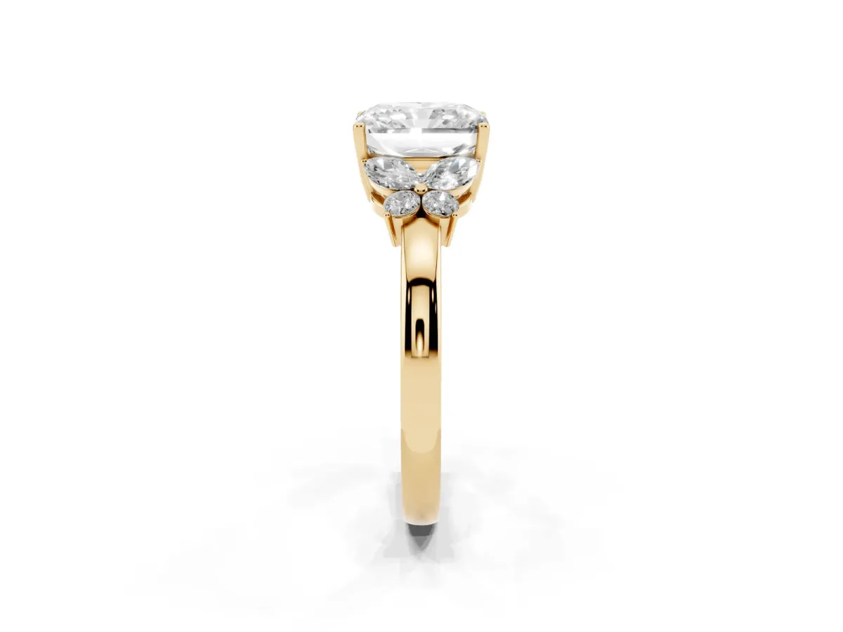 Radiant Cut Cut Solitaire Floral Diamond Ring with Four-Prong Setting Yellow gold