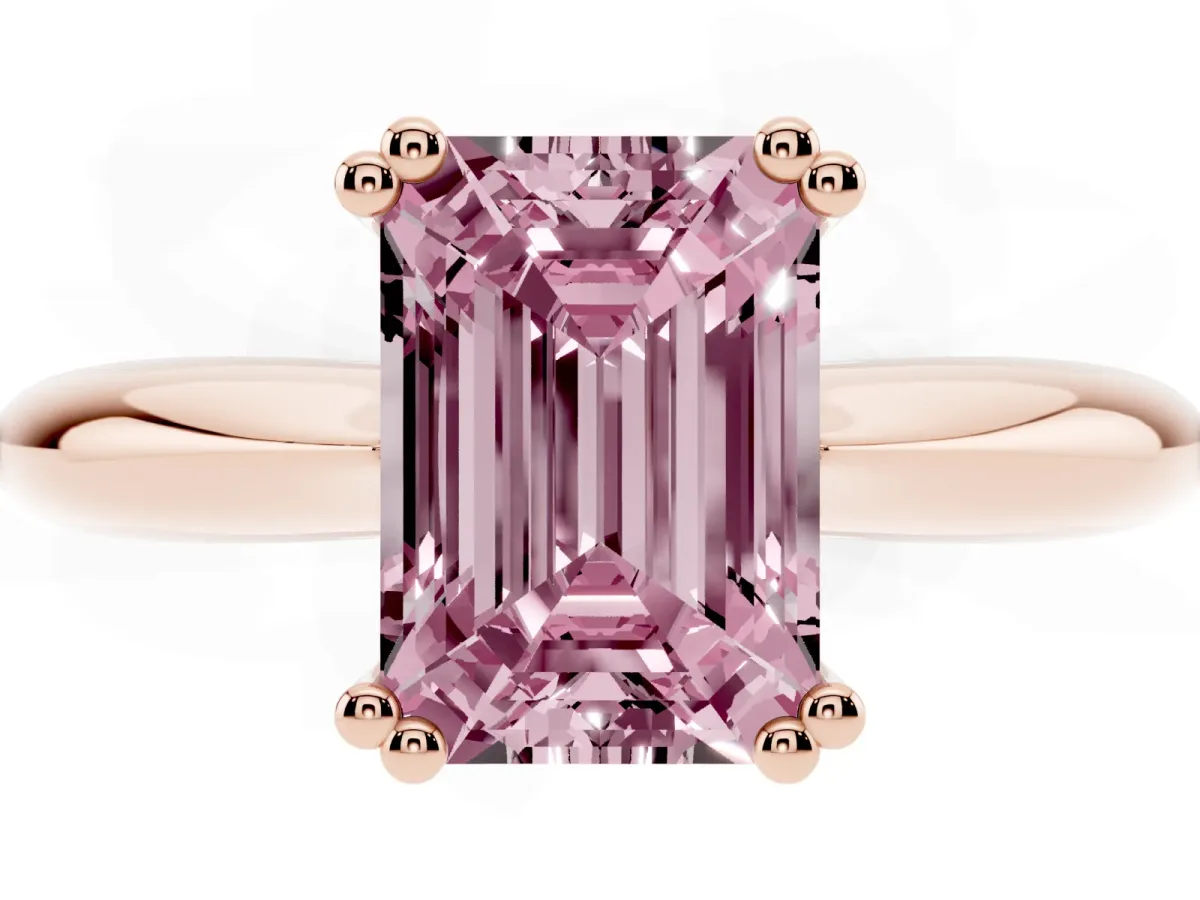 Fancy Pink Emerald Cut Cut Solitaire Engagement Ring with Tapered Band and Four-Prong Setting Rose gold