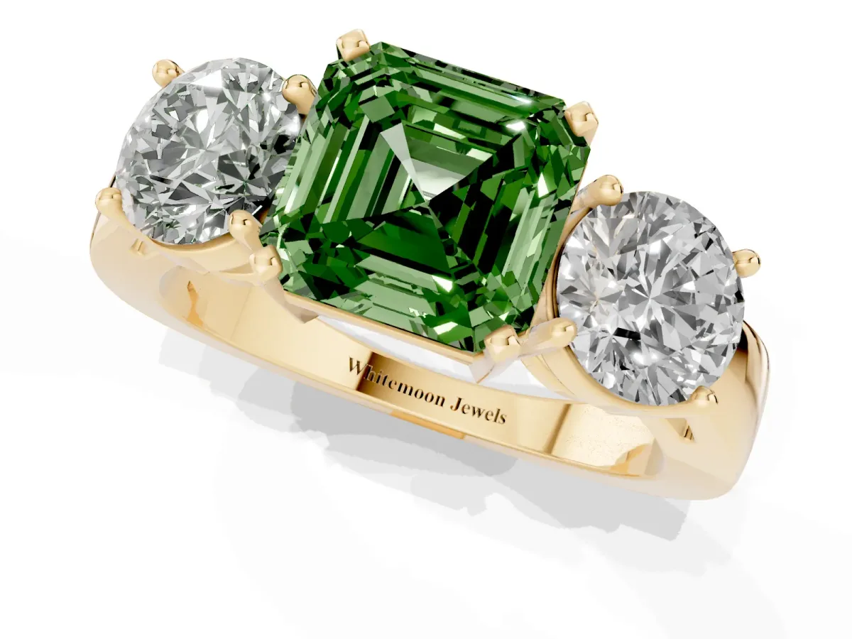 Fancy Green Three-Stone Asscher Cut Diamond Ring with Round Side Stones, Classic Band, and Four-Prong Setting Yellow gold