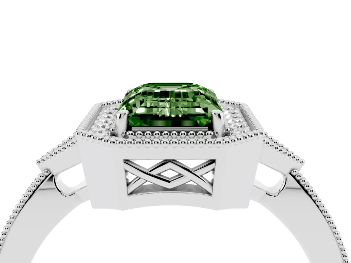Fancy Green Emerald Cut Halo Round Diamond Milgrain Pave Engagement Ring Platinum