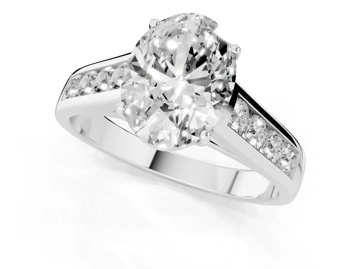 Oval Cut Solitaire Channel-Set Diamond Engagement Ring with Four-Prong Setting Silver