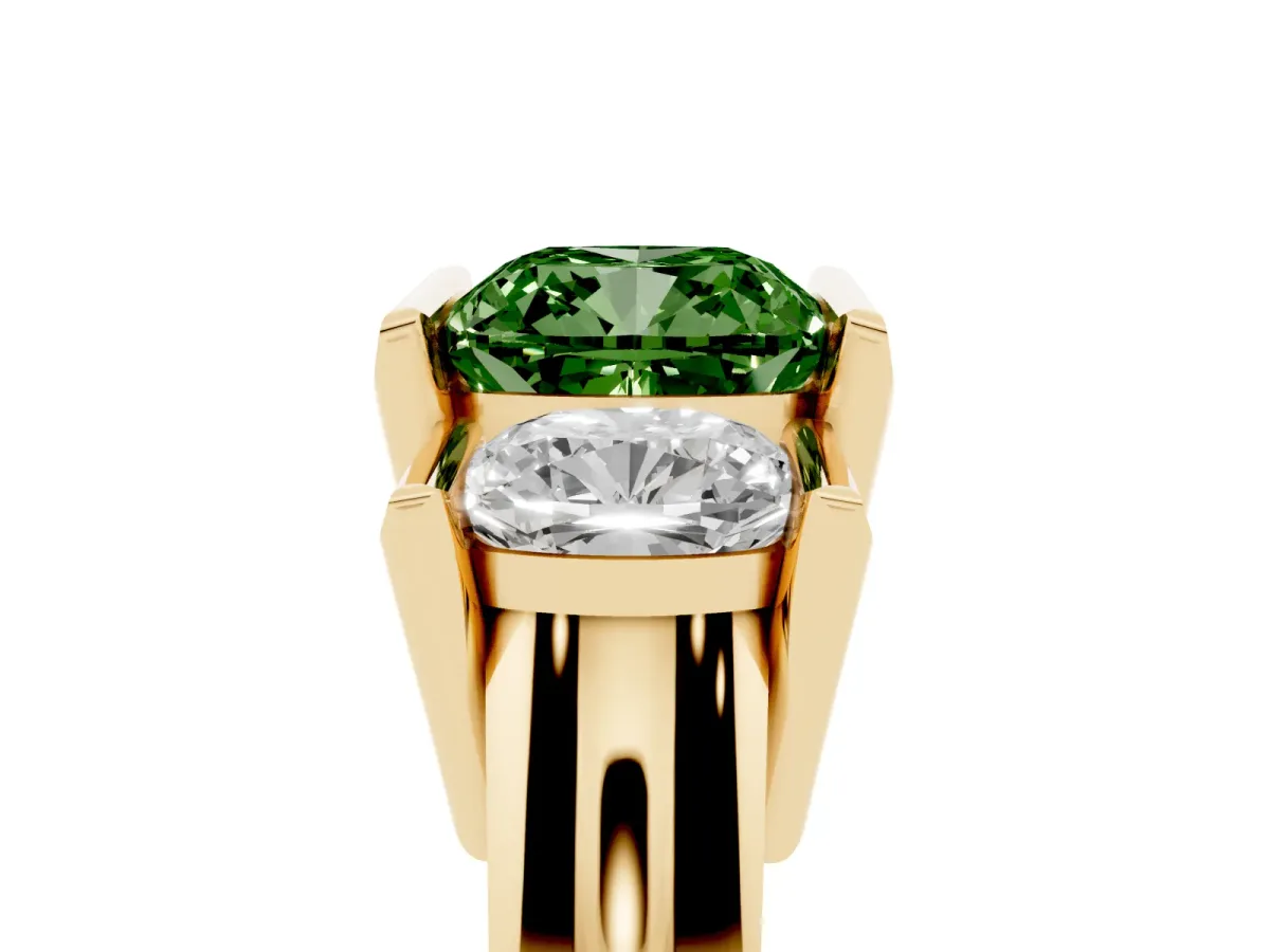 Fancy Green Three Stone Cushion Cut Cut Channel Set Diamond Ring Yellow gold