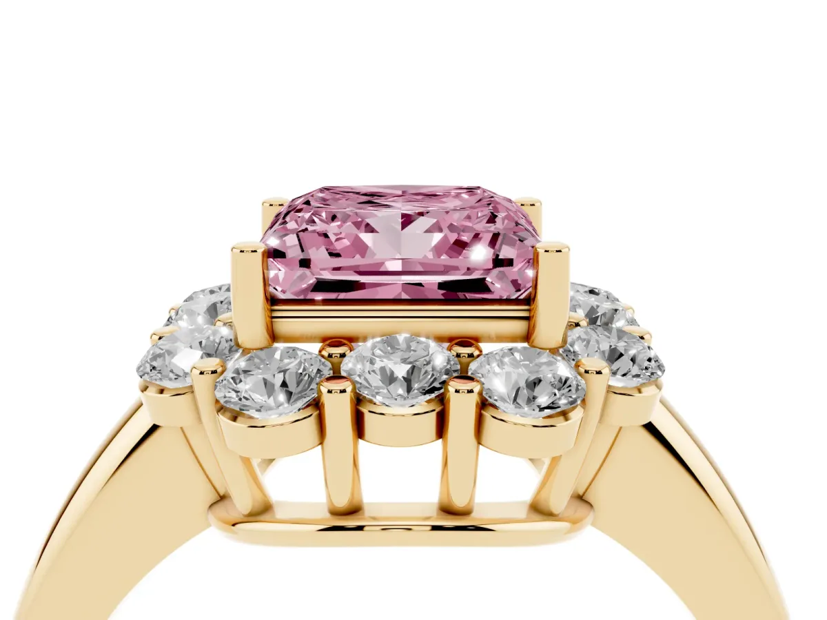 Fancy Pink Princess Cut Halo Milgrain Solitaire with Bezel Set Side Stones and Pave Band Yellow gold