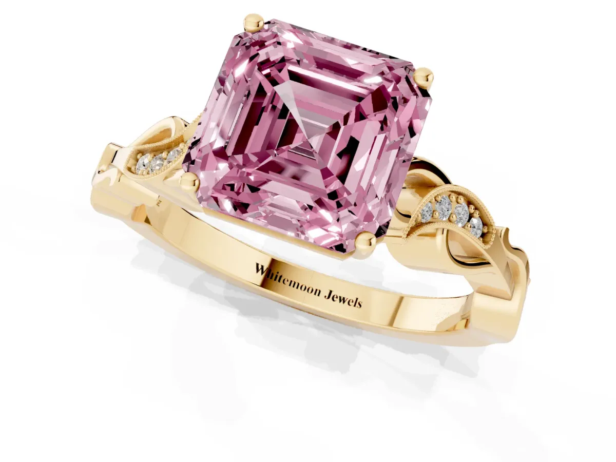 Fancy Pink Asscher Cut Solitaire Vine Band with Milgrain Prong Setting Yellow gold