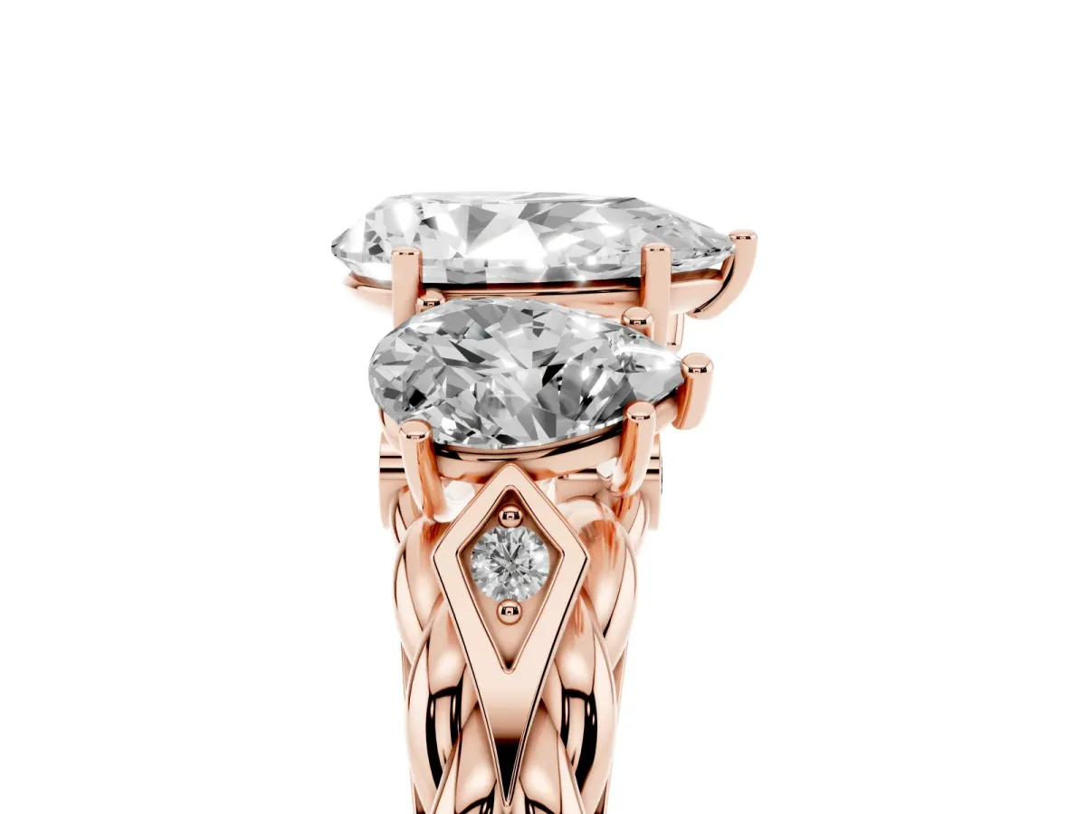 Three-Stone Pear Cut Diamond Braided Band Ring with Four-Prong Setting Rose gold