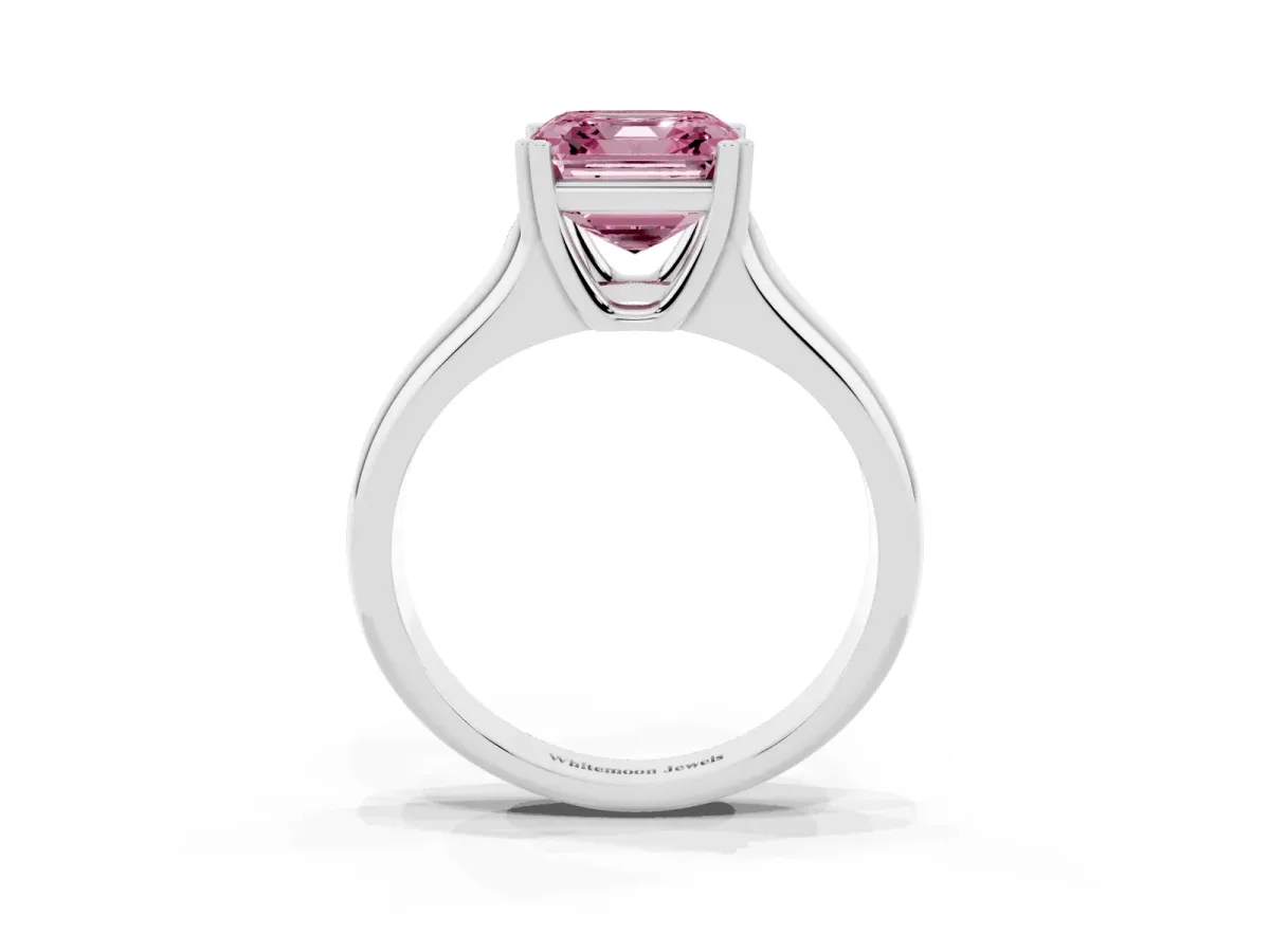 Fancy Pink Asscher Cut Diamond Solitaire Ring with Wide Band and Prong Setting Platinum