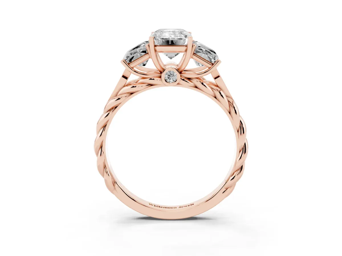 Three-Stone Emerald Cut Diamond Braided Band Ring with Four-Prong Setting Rose gold
