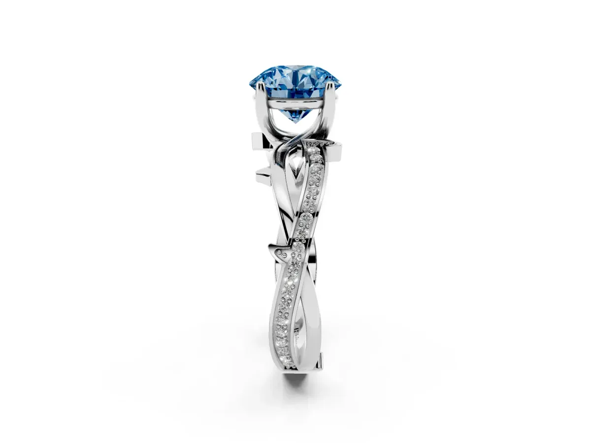 Fancy Blue Round Cut Solitaire Twist Band with Pavé Accents and Four-Prong Setting Platinum