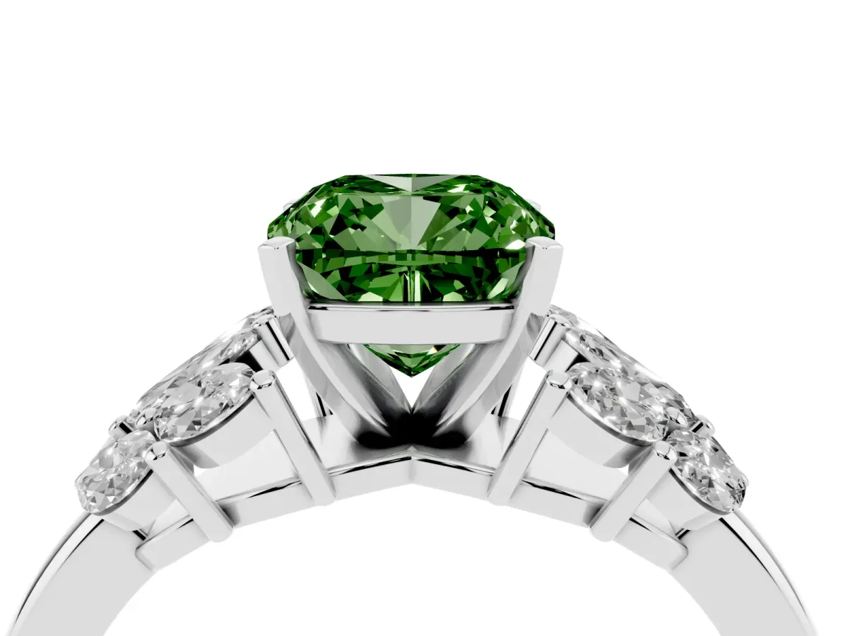 Fancy Green Cushion Cut Diamond Cluster Leaf Design Ring with Prong Setting Platinum