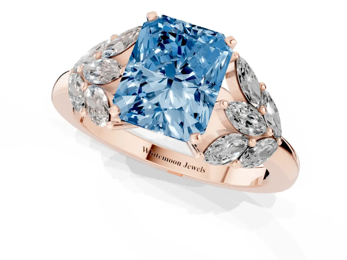 Fancy Blue Radiant Cut Diamond Cluster Leaf Design Ring with Prong Setting Rose gold