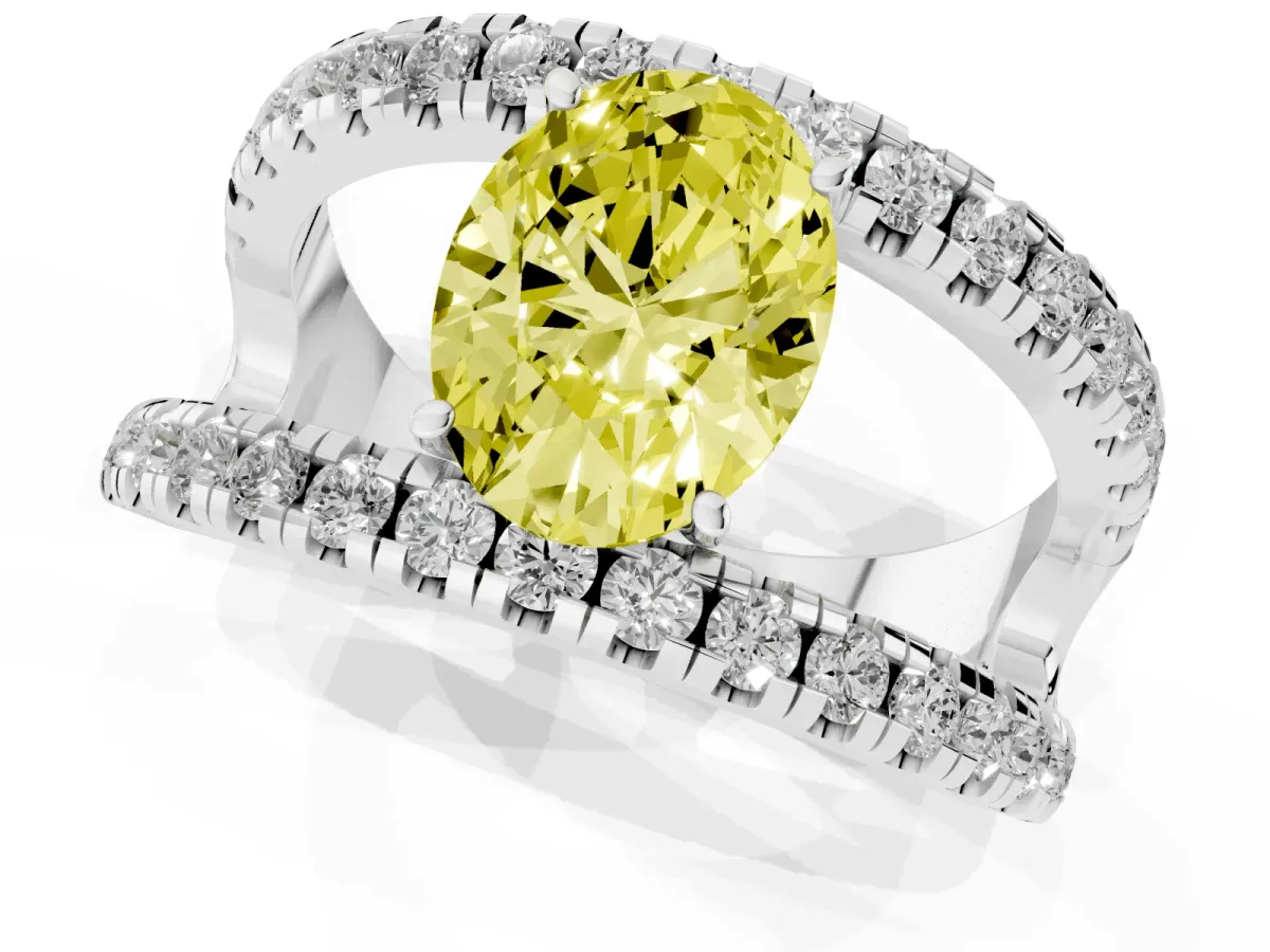 Fancy Yellow Oval Cut Solitaire Split Shank Pave Diamond Ring Silver