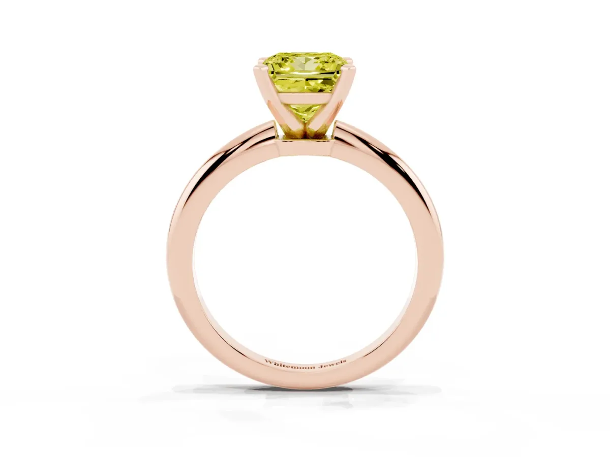 Fancy Yellow Princess Cut Diamond Solitaire Ring with Prong Setting and Classic Band Rose gold