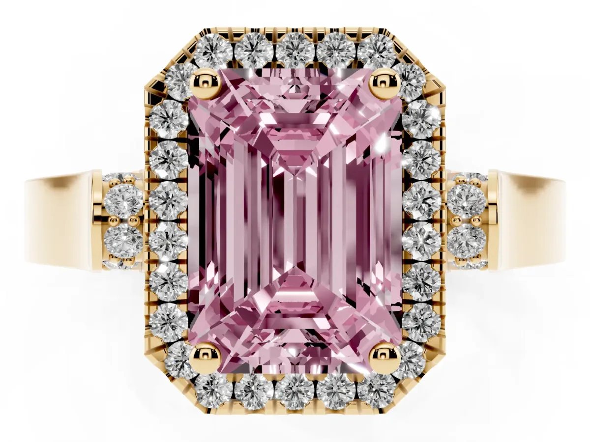 Fancy Pink Emerald Cut Halo Pave Split Shank Prong Setting Ring Yellow gold