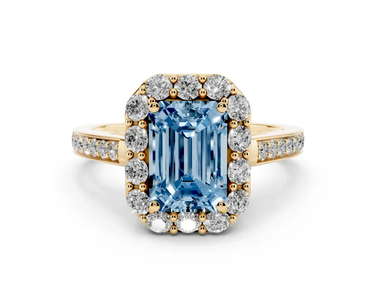 Fancy Blue Emerald Cut Diamond Floral Halo Ring with Pavé Band and Prong Setting Yellow gold