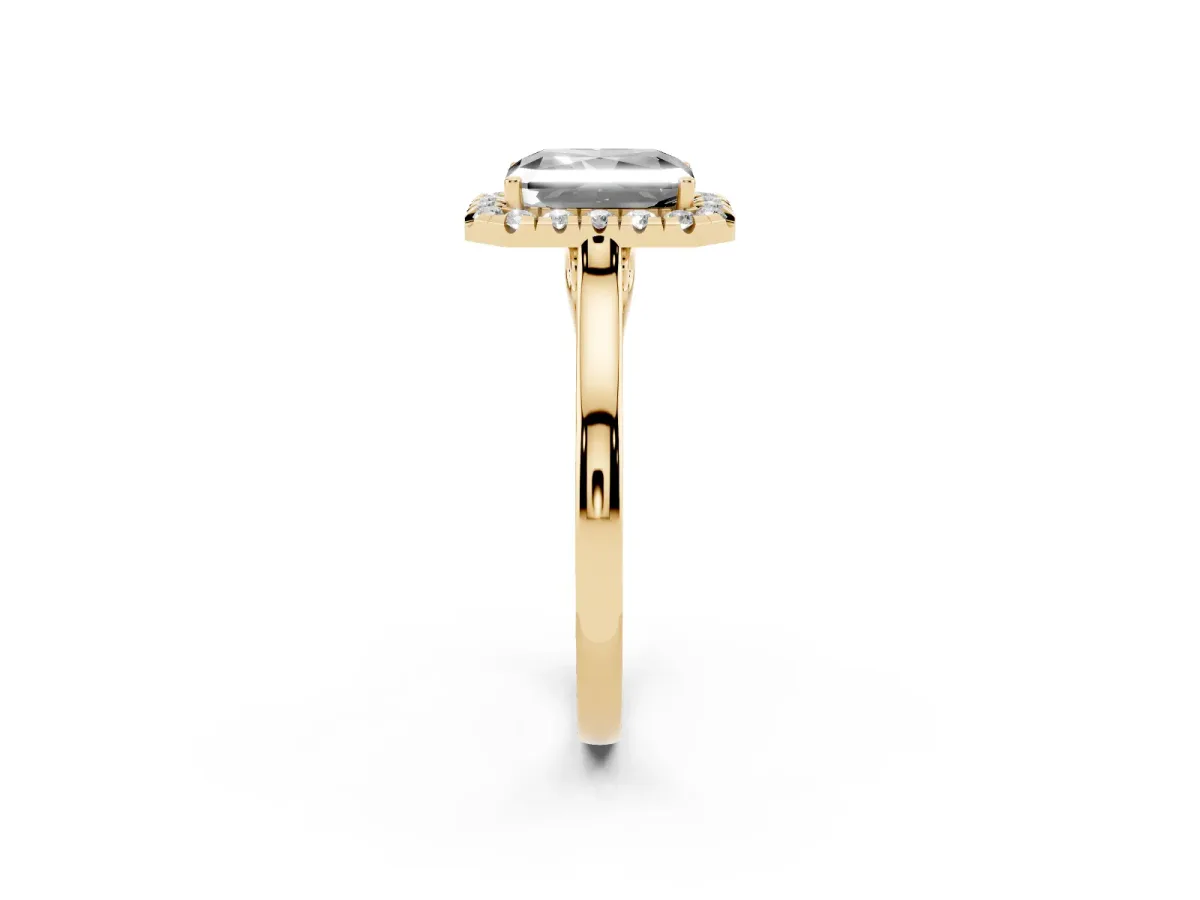 Fancy Black Radiant Cut Halo Round Diamond Solitaire Ring with Pavé Band and Four-Prong Setting Yellow gold