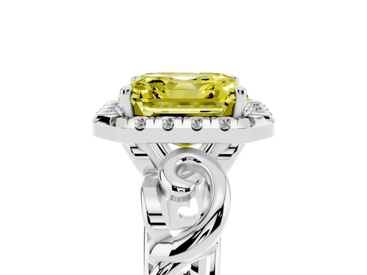 Fancy Yellow Asscher Cut Cut Halo Diamond Ring with Scrollwork Band and Four-Prong Setting Silver