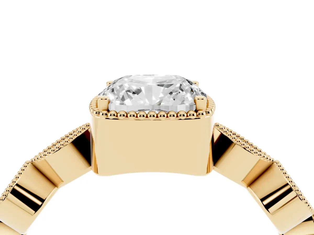 Cushion Cut Diamond Vintage Milgrain Ring with Round Stations Yellow gold