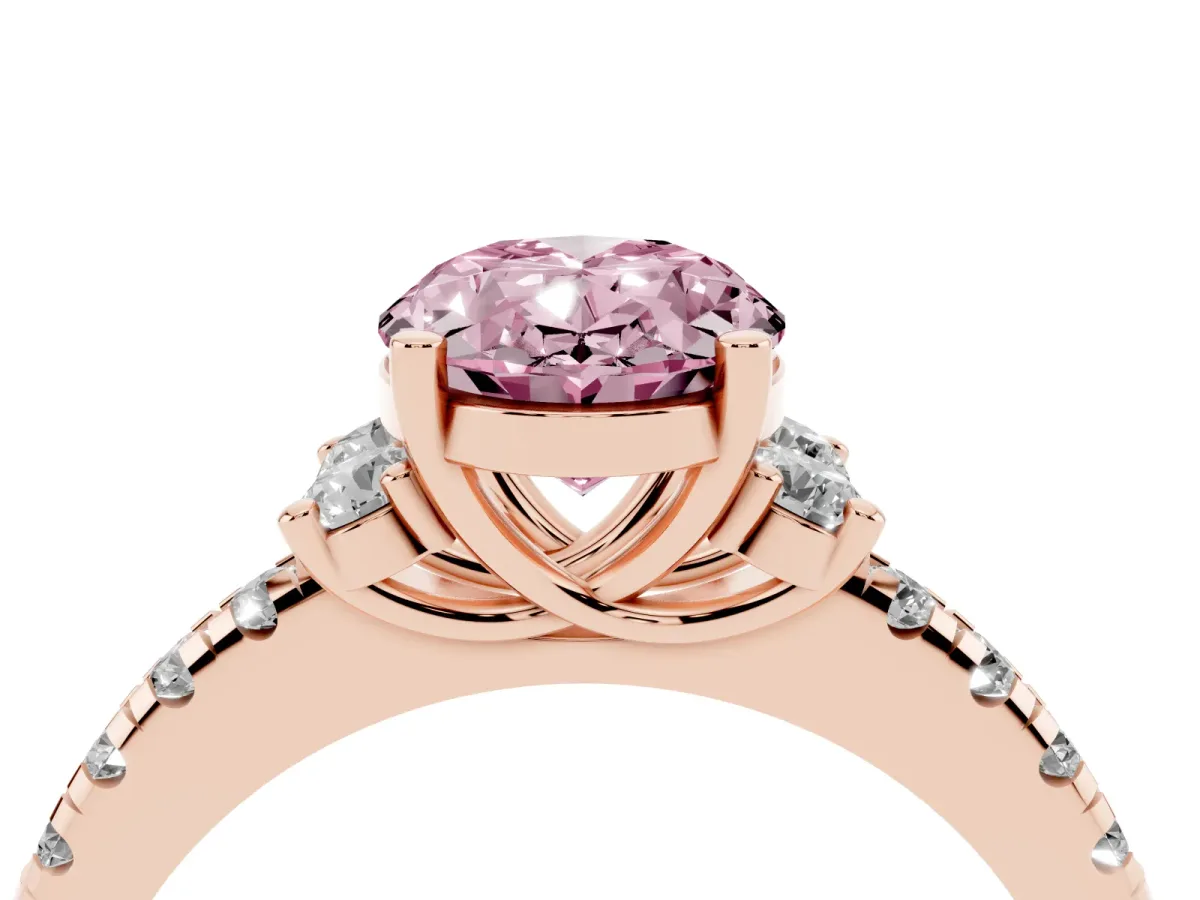 Fancy Pink Oval Cut Diamond Three-Stone Pave Band with Four-Prong Setting Rose gold
