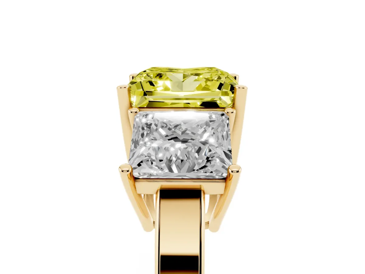 Fancy Yellow Three-Stone Princess Cut Cut Diamond Engagement Ring with Flat Band and Four-Prong Setting Yellow gold