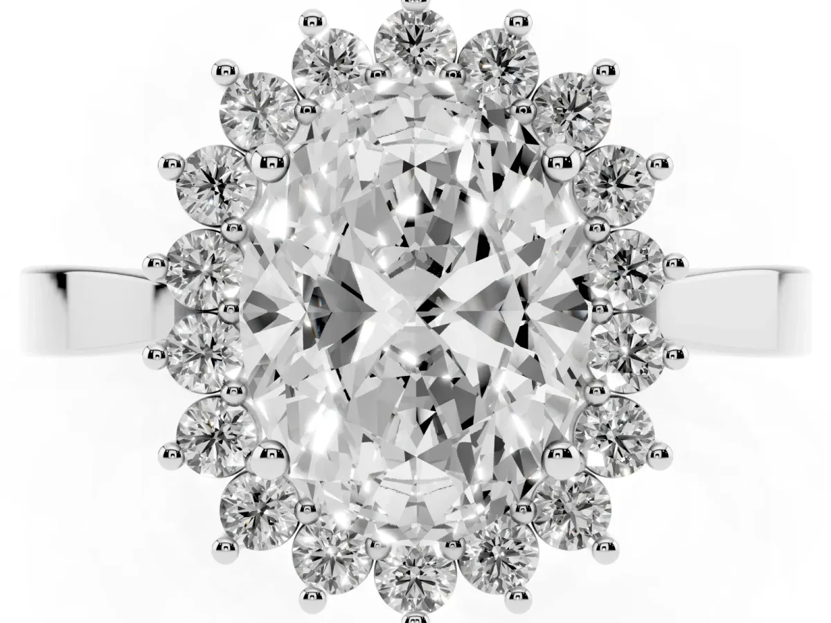 Oval Cut Cut Diamond Halo Ring with Round Brilliant Halo and Solitaire Band White gold